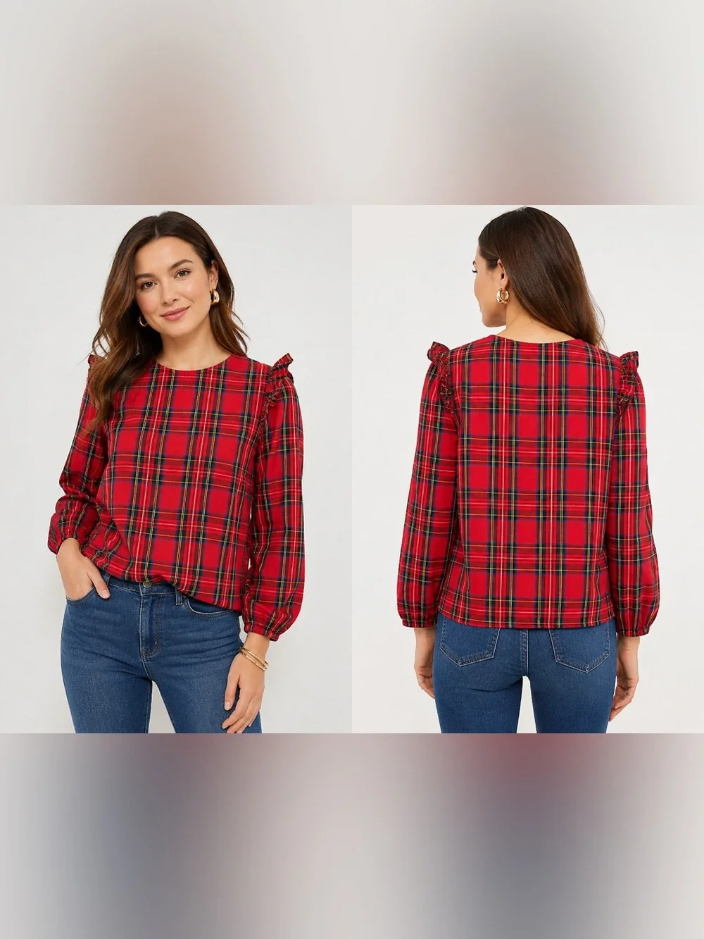 J.Crew Red Tartan Plaid Ruffle Shoulder Blouse – Size Medium